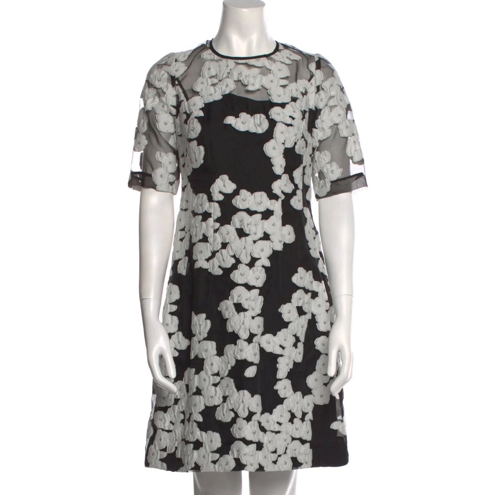 Lela Rose Women's Black Floral Embroidered Short Sleeve A-Line Dress Cocktail 8